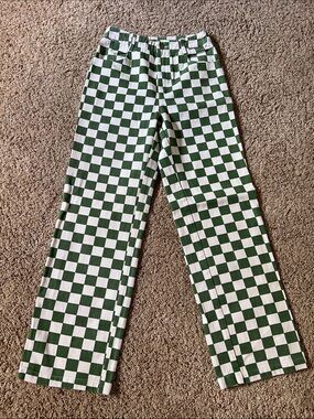 SHEIN Green and White Checkerboard Wide-Leg Jeans